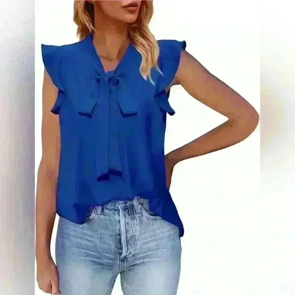 Generic Women's Summer Casual Solid Sleeveless Ruffle Elegant Blue Blouse Sz‎ 2X